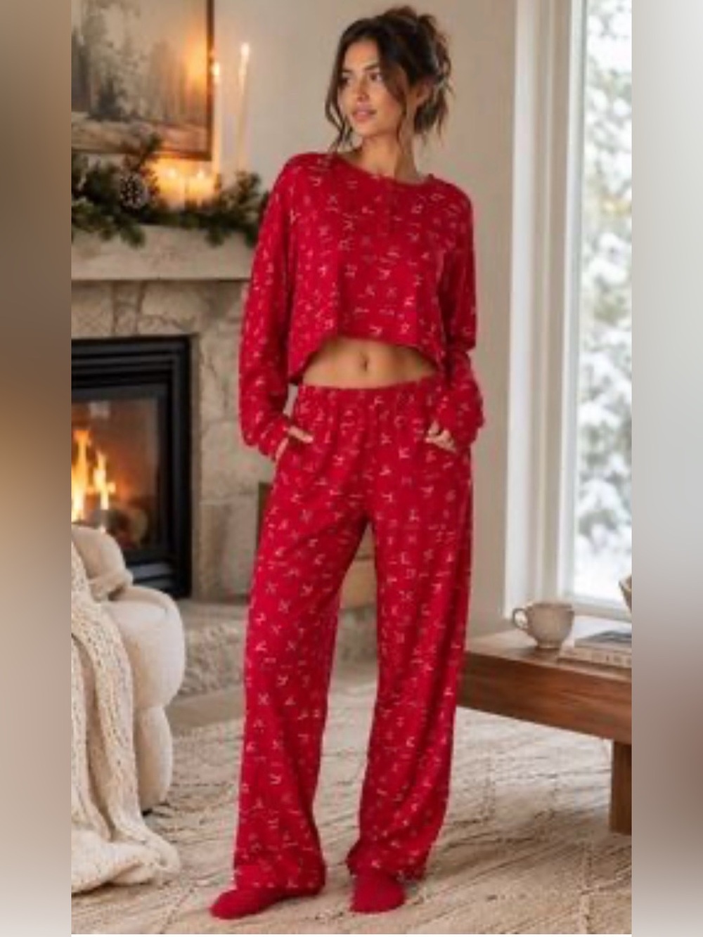 SKIMS New Red Fair Isle Reindeer Logo Modal Long Sleeve Pajama Set Large Stretch